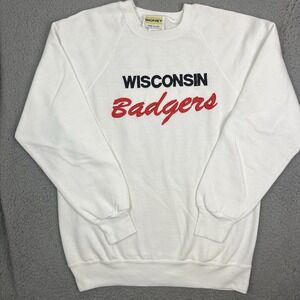 Vintage University of Wisconsin Badgers Sweater White Sweatshirt Crewneck USA Lg